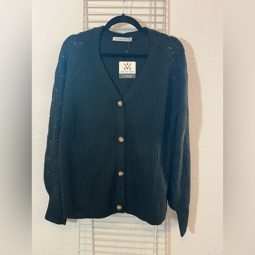 Michelle Mae Black Cardigan Sweater with Intricate Knit Design